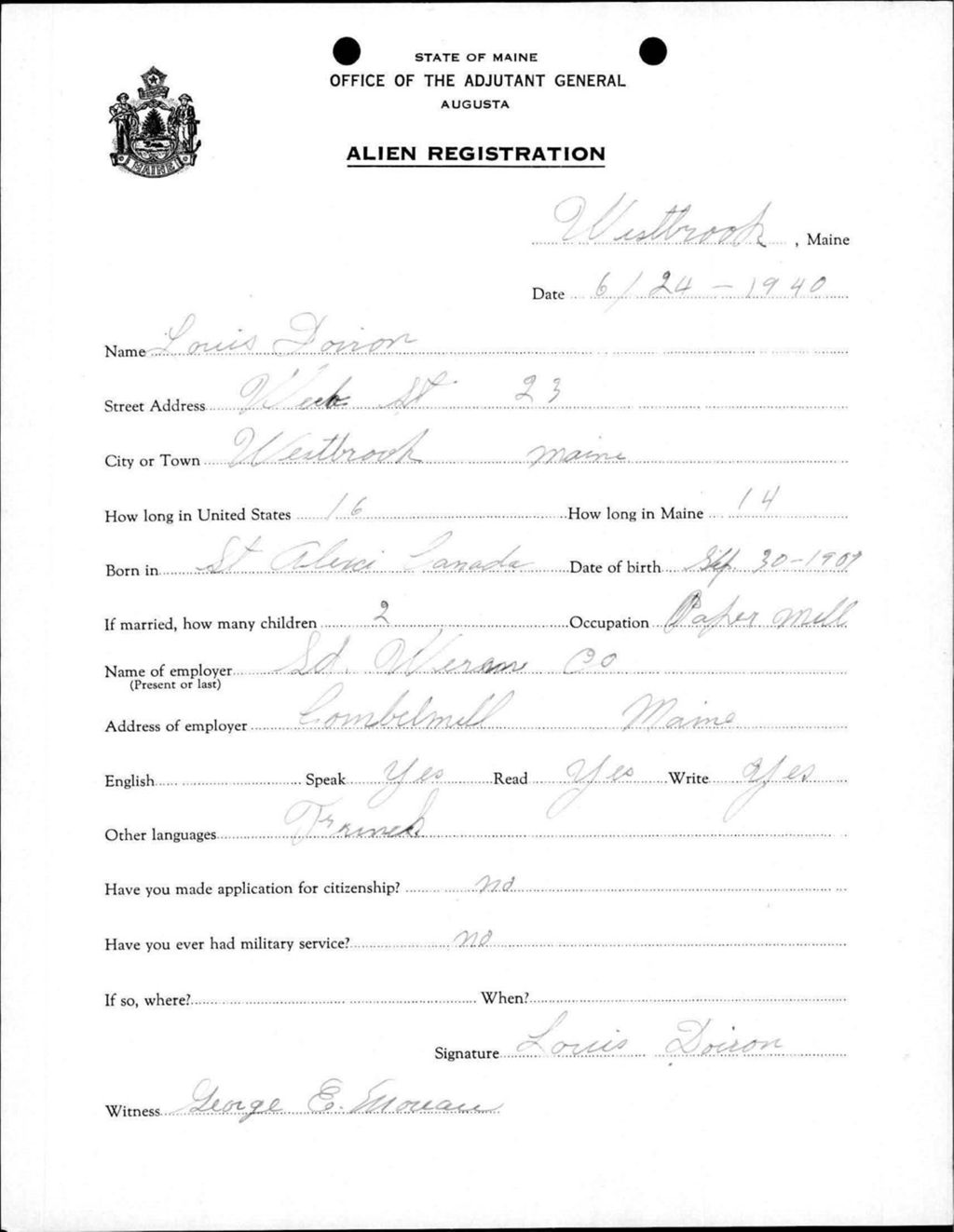 Miniature of Alien Registration- Doiron, Louis (Westbrook, Cumberland County)