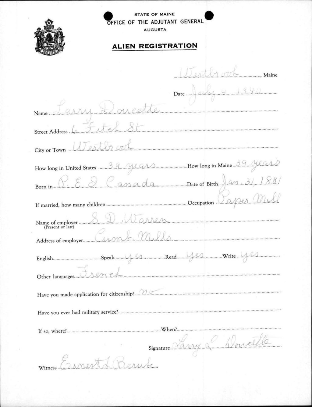 Miniature of Alien Registration- Doucette, Larry (Westbrook, Cumberland County)