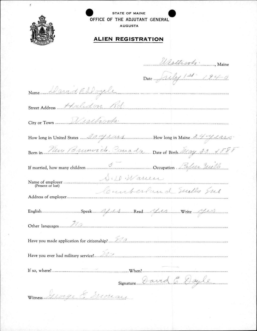Miniature of Alien Registration- Doyle, David E. (Westbrook, Cumberland County)
