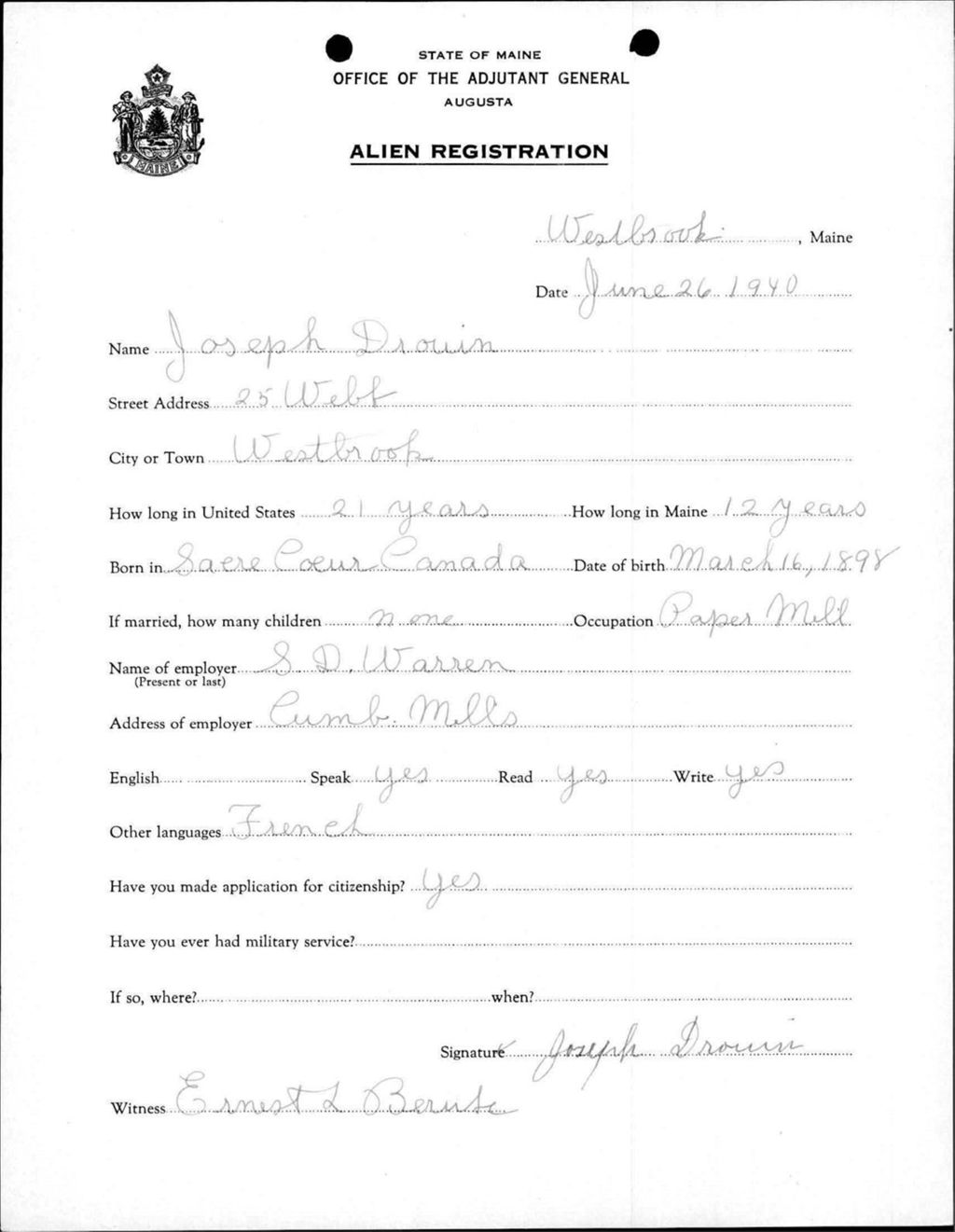 Miniature of Alien Registration- Drouin, Joseph (Westbrook, Cumberland County)