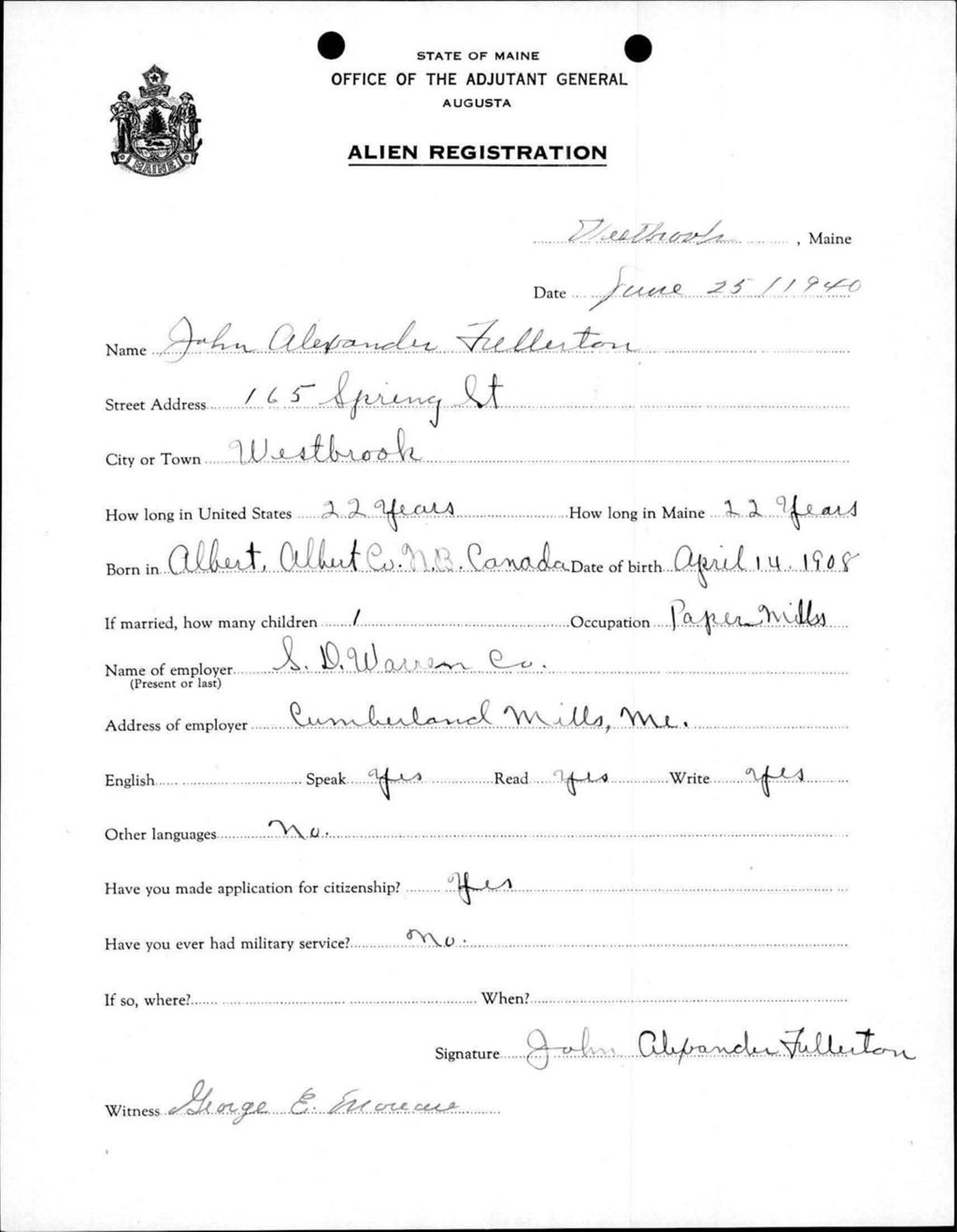 Miniature of Alien Registration- Fellerton, John A. (Westbrook, Cumberland County)