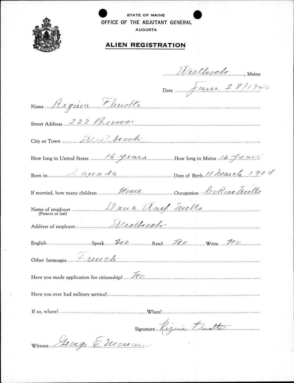 Miniature of Alien Registration- Flurotte, Regina (Westbrook, Cumberland County)