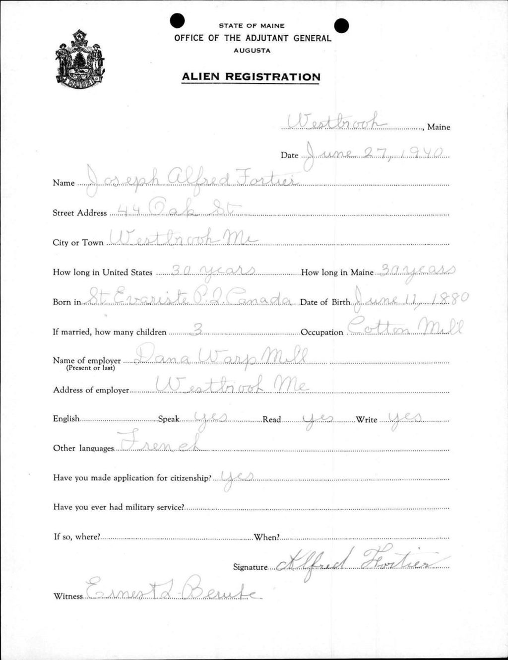 Miniature of Alien Registration- Fortier, Joseph A. (Westbrook, Cumberland County)