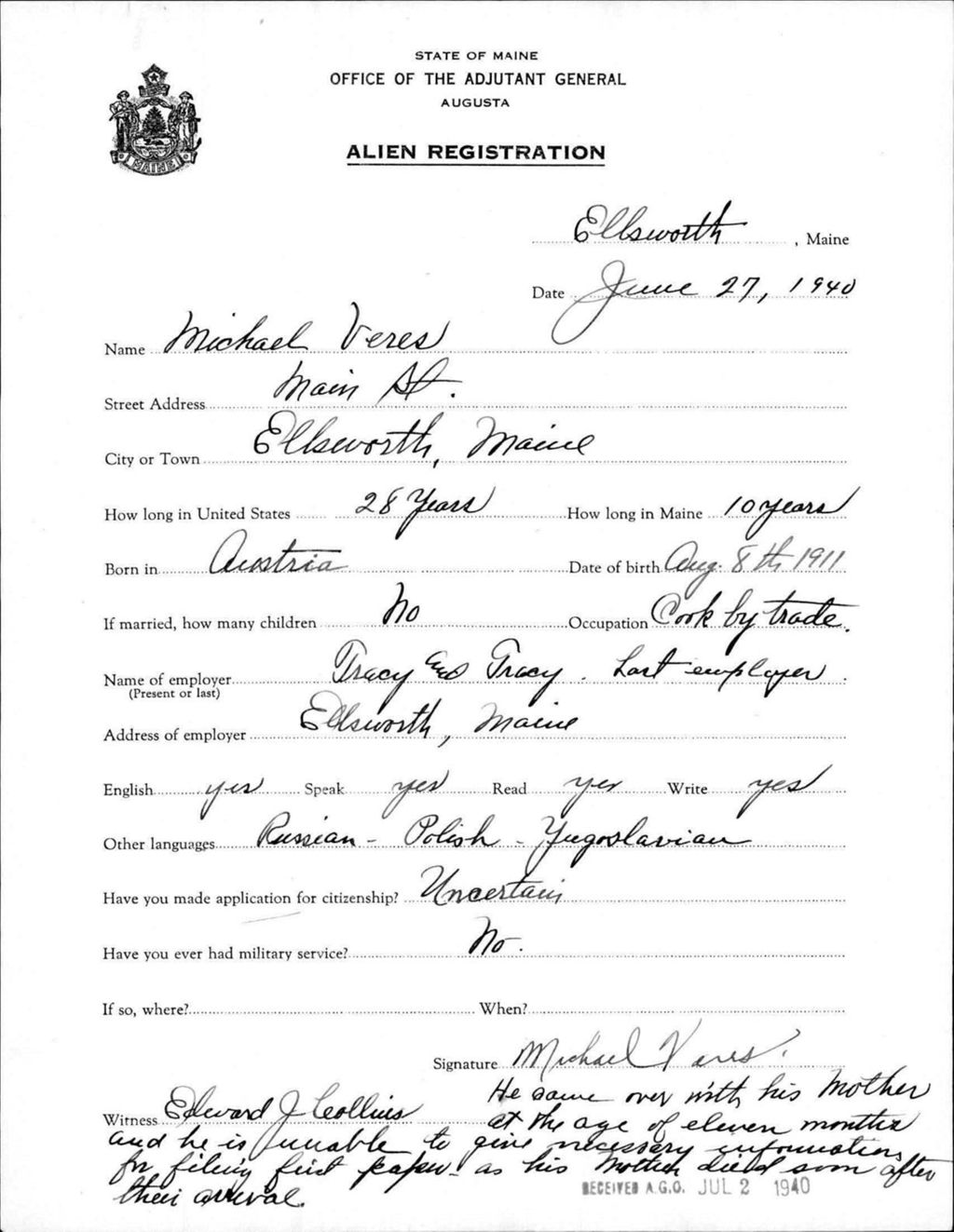 Miniature of Alien Registration- Veres, Michael (Ellsworth, Hancock County)