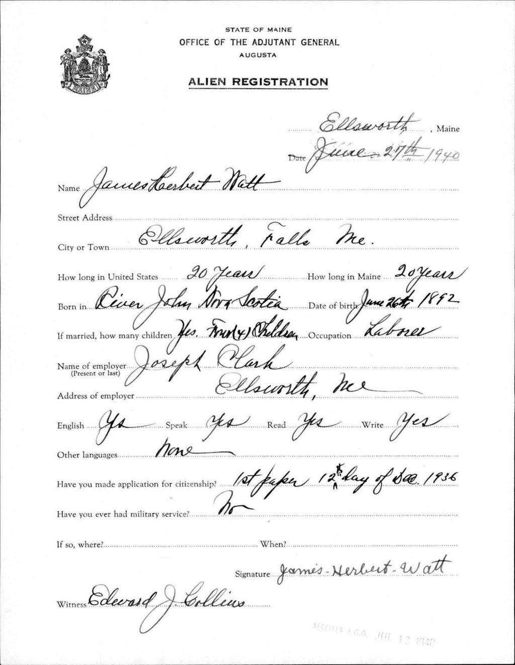 Miniature of Alien Registration- Watt, James H. (Ellsworth, Hancock County)