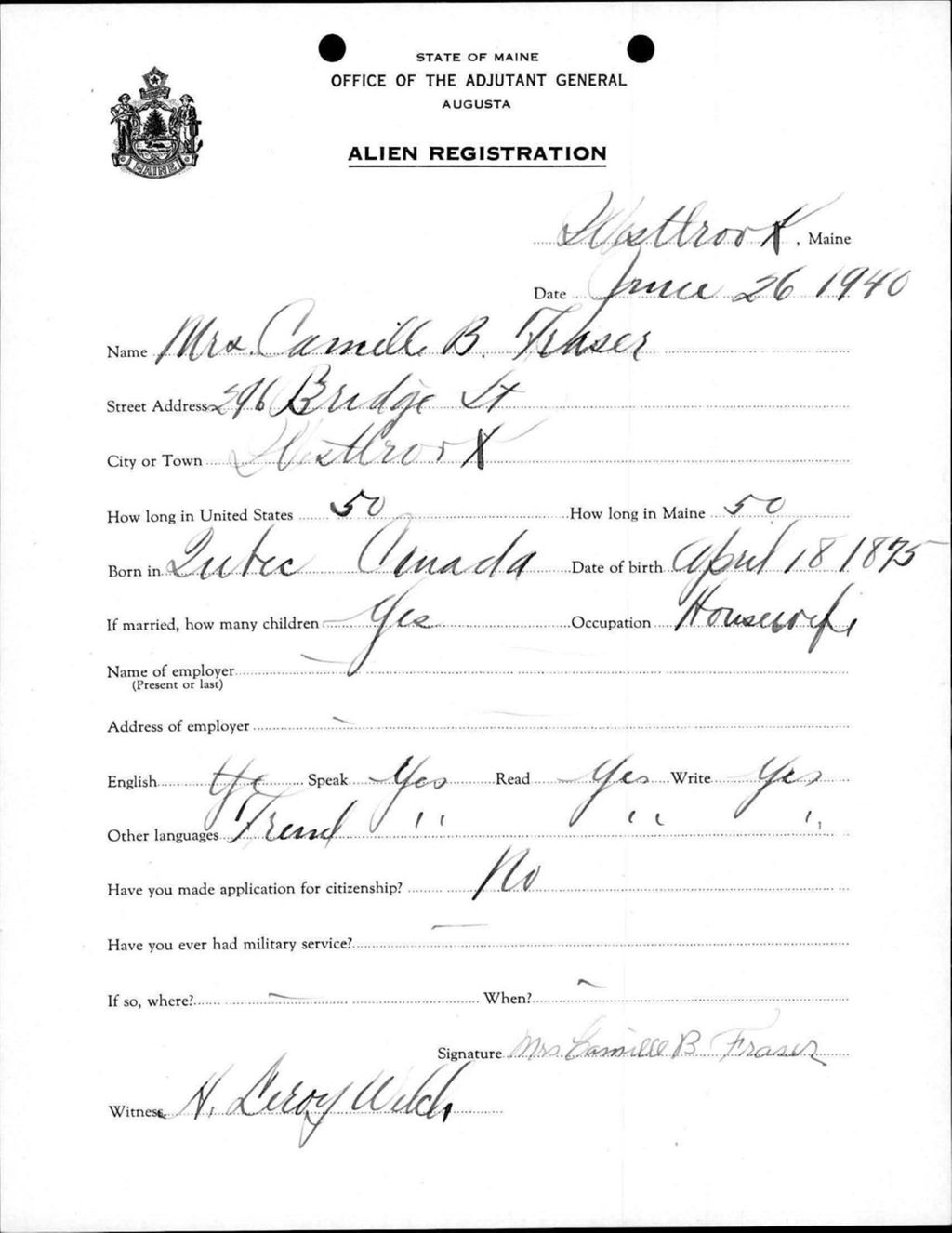 Miniature of Alien Registration- Fraser, Camille B. (Westbrook, Cumberland County)
