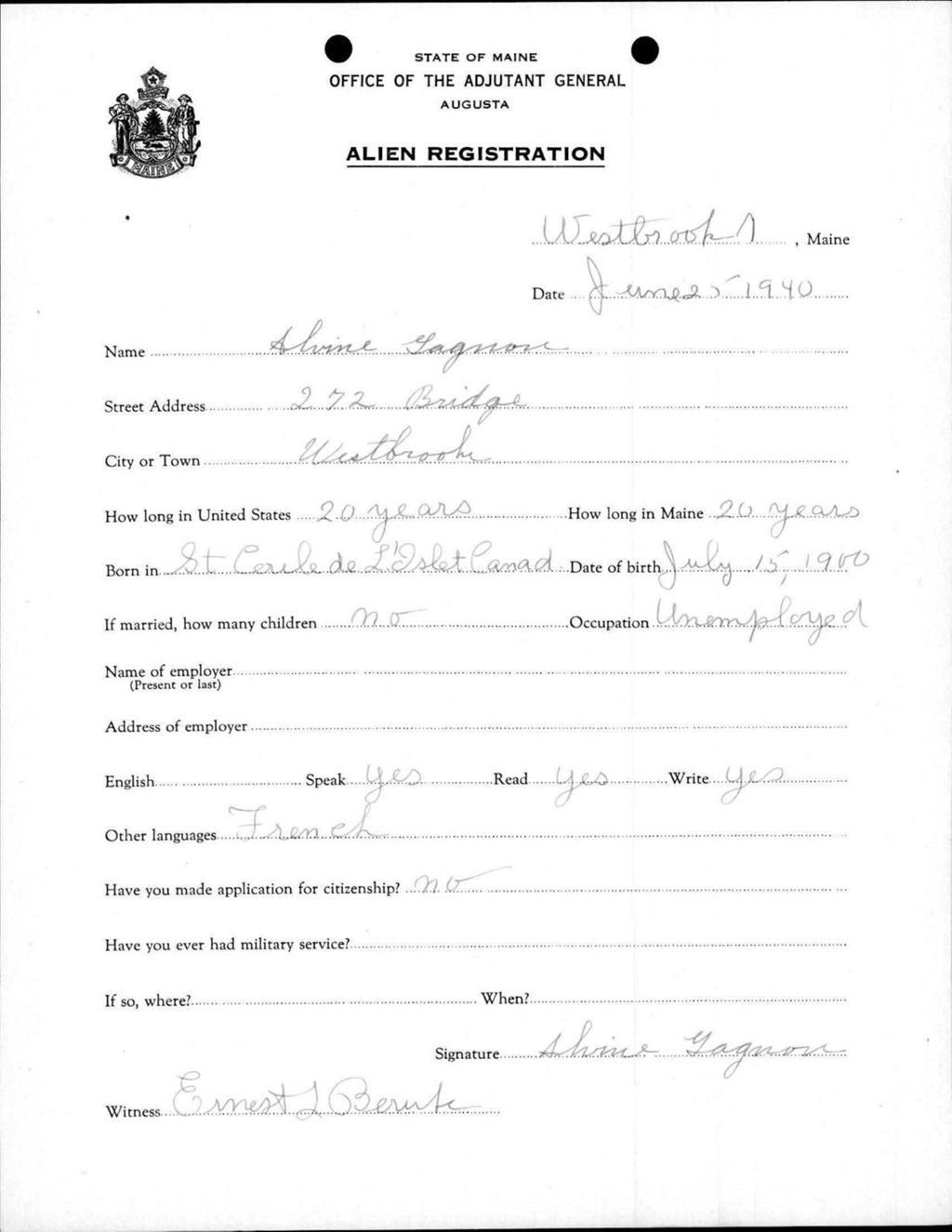 Miniature of Alien Registration- Gagnon, Alvine (Westbrook, Cumberland County)