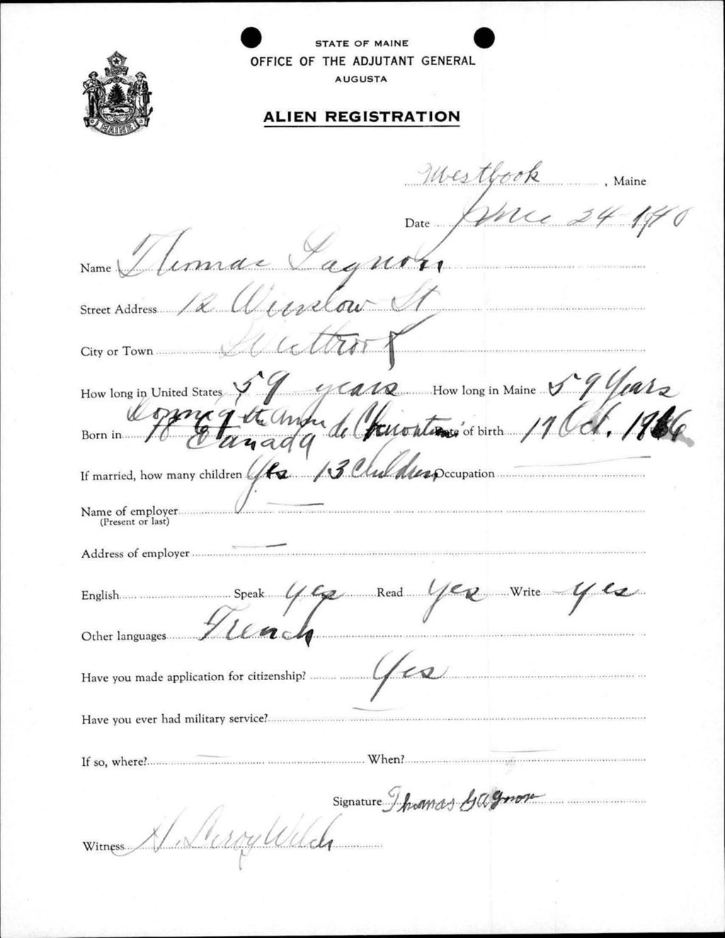 Miniature of Alien Registration- Gagnon, Thomas (Westbrook, Cumberland County)