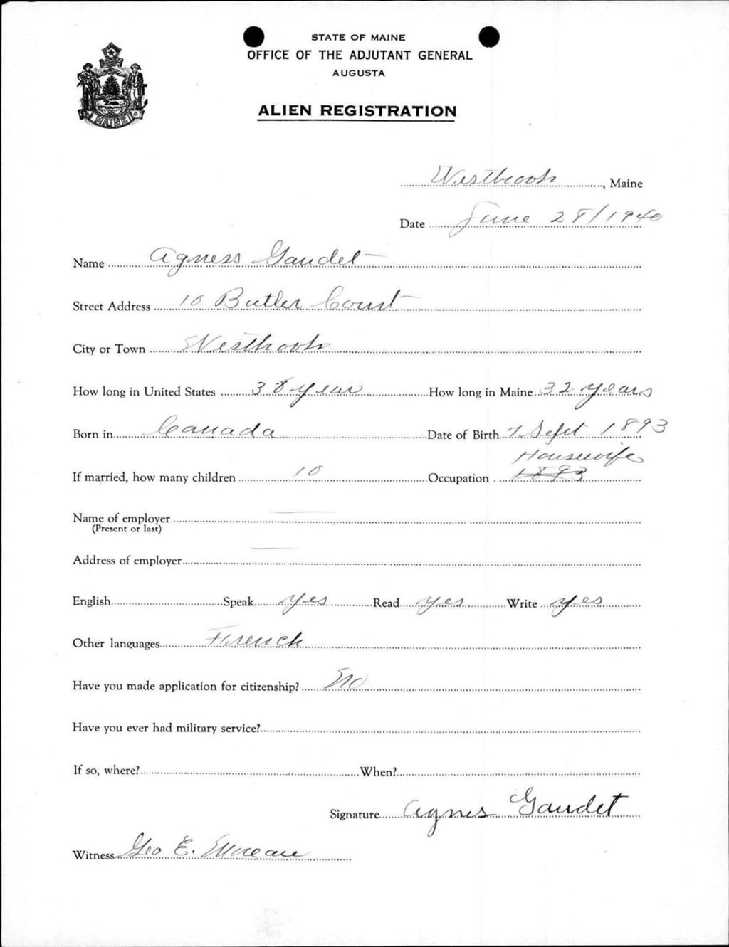 Miniature of Alien Registration- Gaudet, Agnes (Westbrook, Cumberland County)