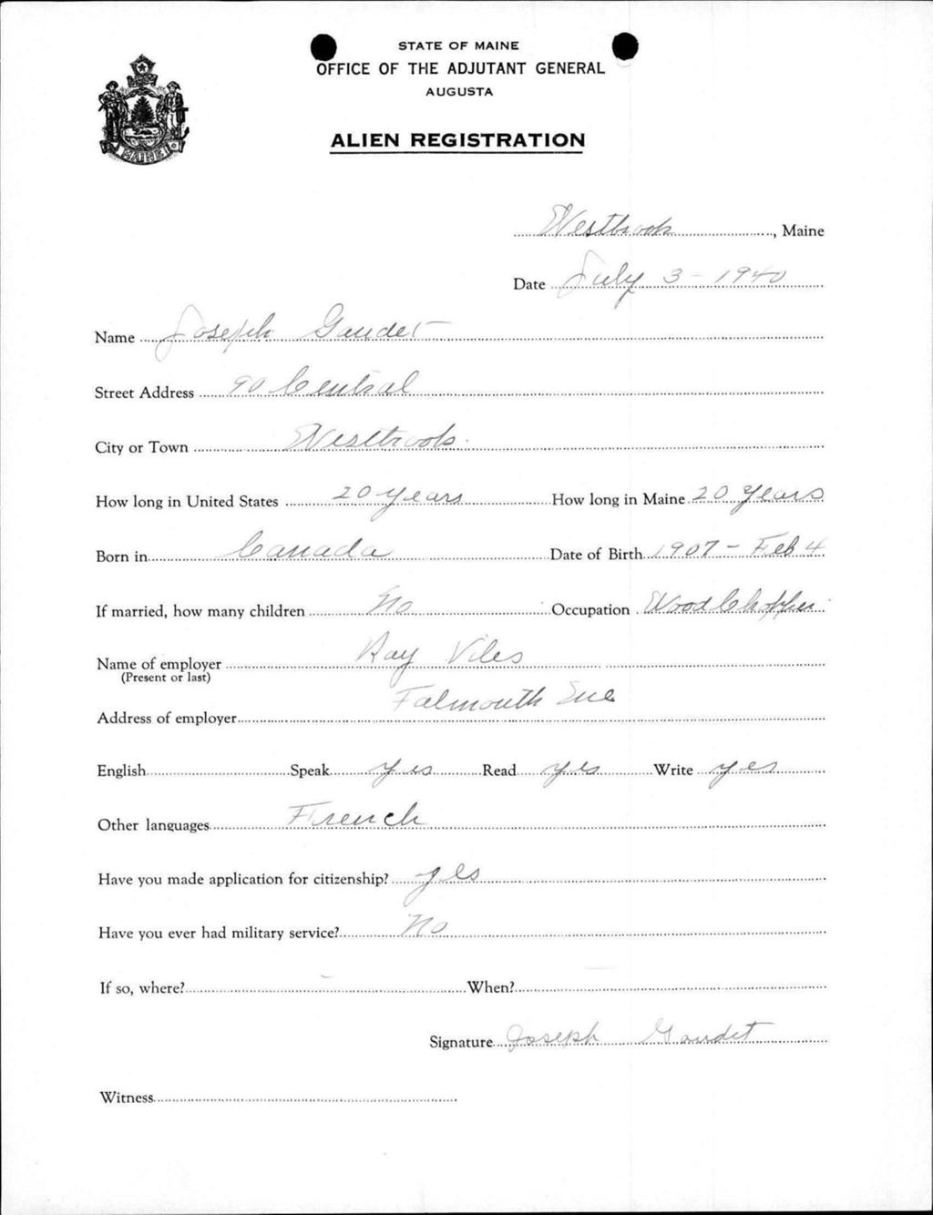 Miniature of Alien Registration- Gaudet, Joseph (Westbrook, Cumberland County)