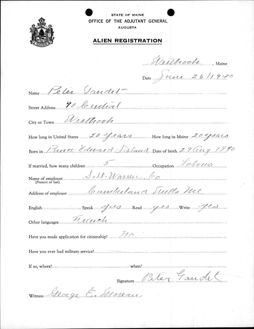Miniature of Alien Registration- Gaudet, Peter (Westbrook, Cumberland County)