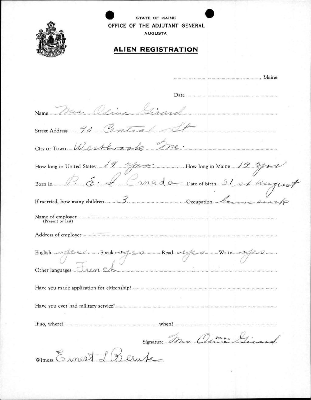 Miniature of Alien Registration- Girard, Olive (Westbrook, Cumberland County)