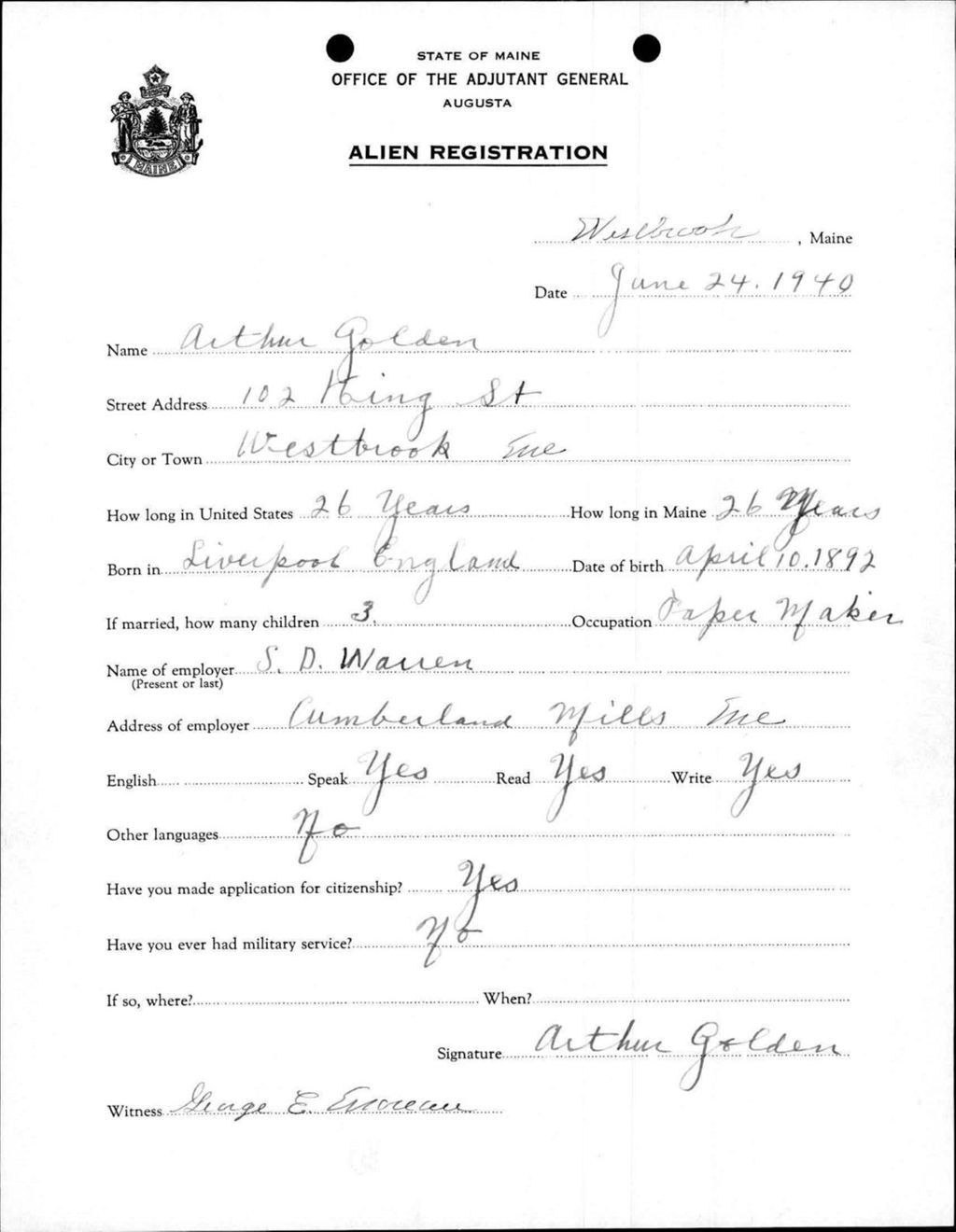 Miniature of Alien Registration- Golden, Arthur (Westbrook, Cumberland County)