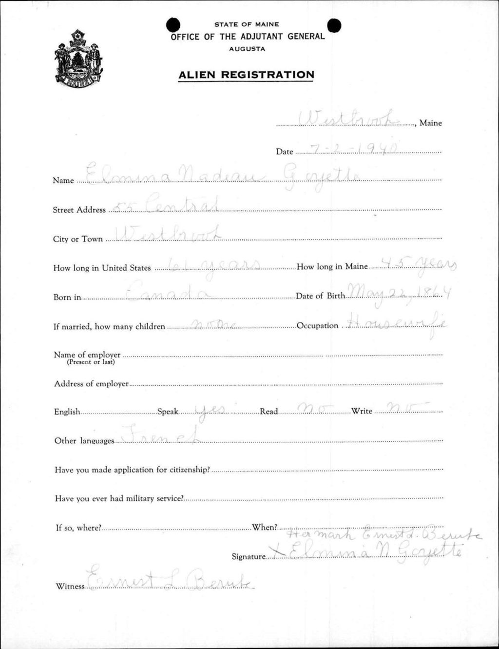 Miniature of Alien Registration- Nadeau, Elmina (Westbrook, Cumberland County)