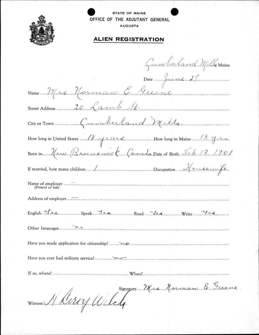 Miniature of Alien Registration- Greene, Norman E. (Westbrook, Cumberland County)