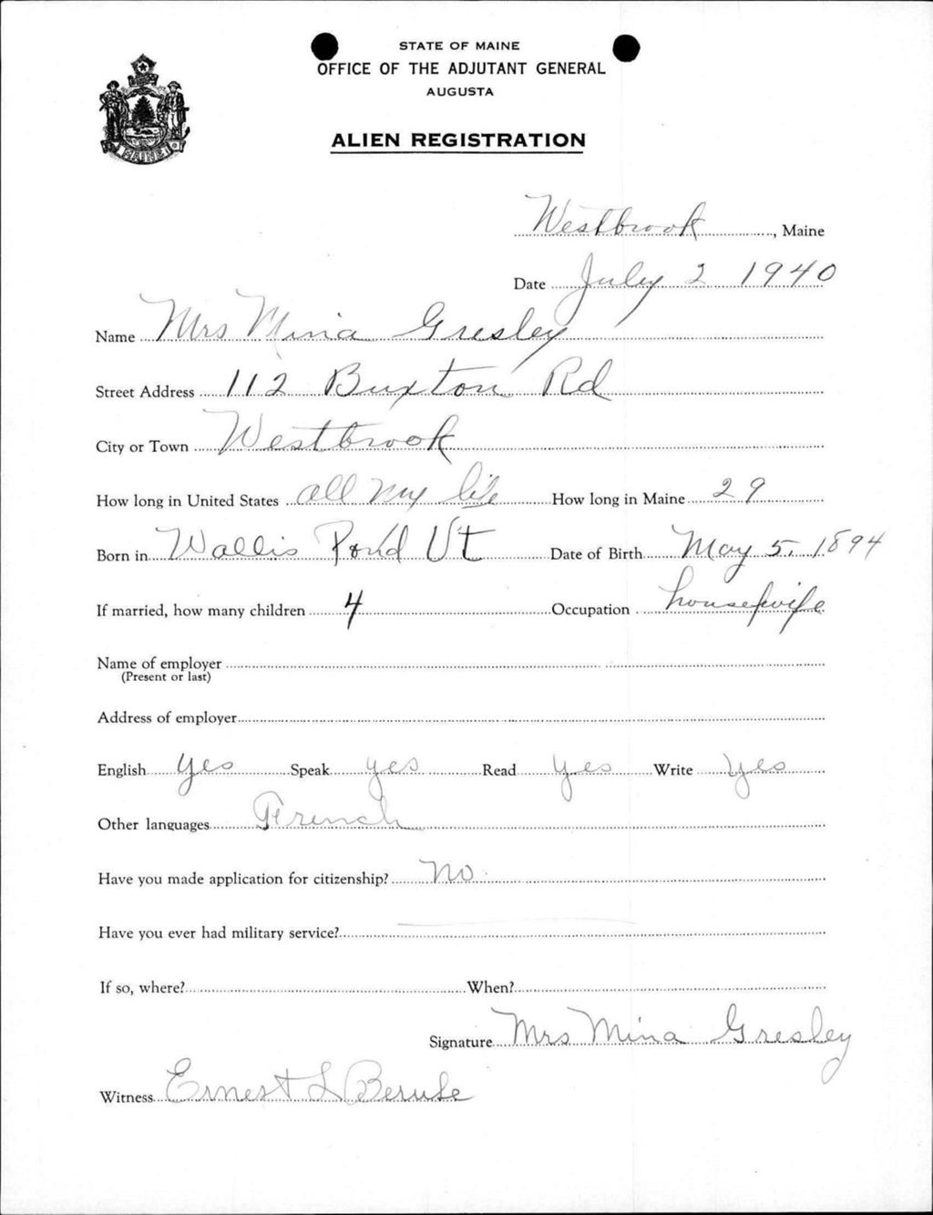 Miniature of Alien Registration- Gresley, Mina (Westbrook, Cumberland County)