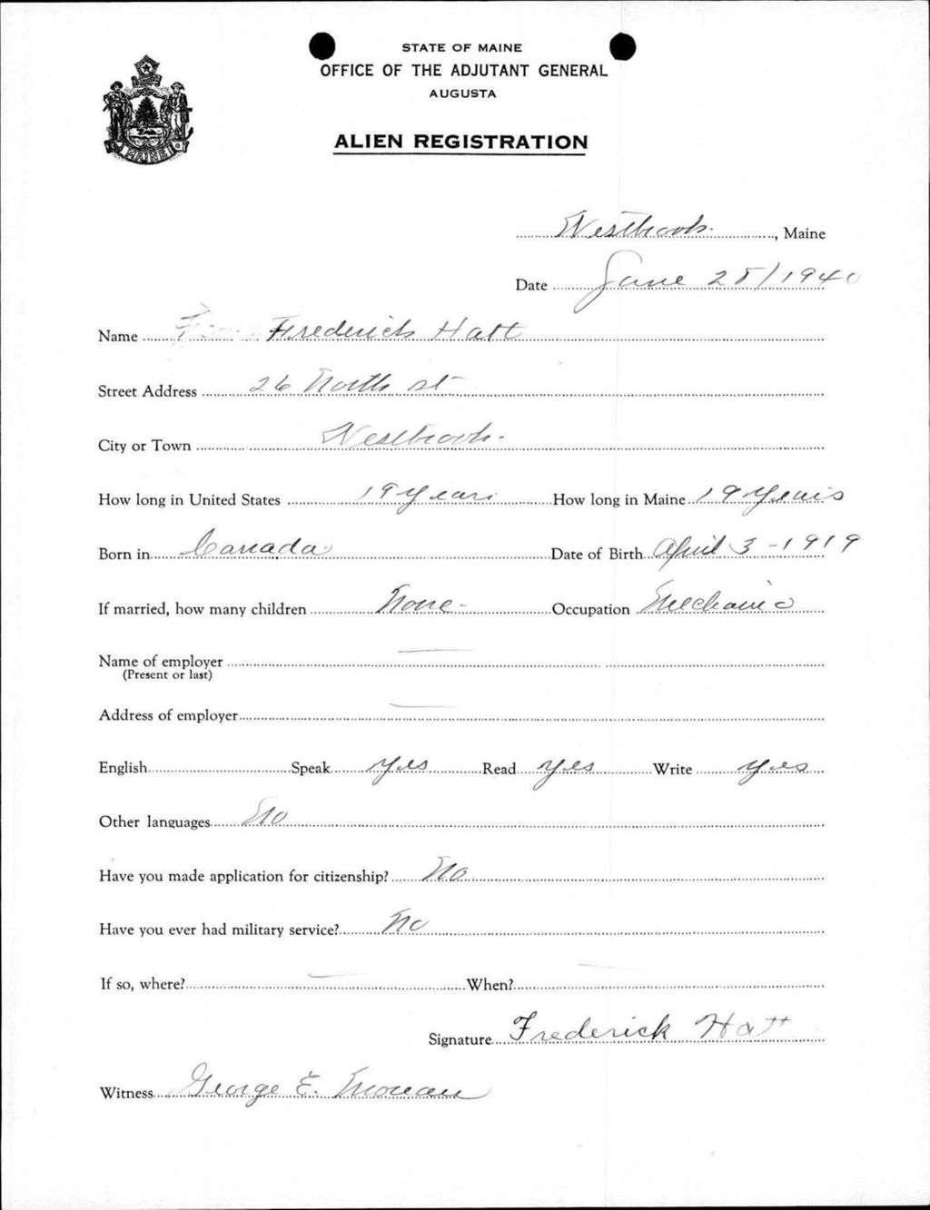 Miniature of Alien Registration- Hatt, Frederick (Westbrook, Cumberland County)