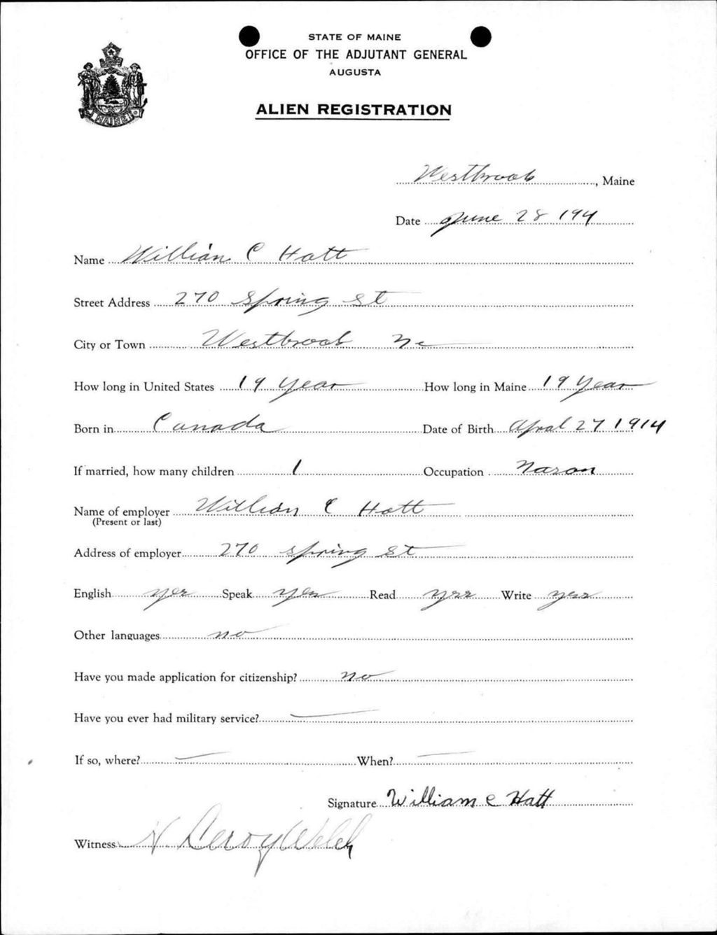 Miniature of Alien Registration- Hatt, William C. (Westbrook, Cumberland County)