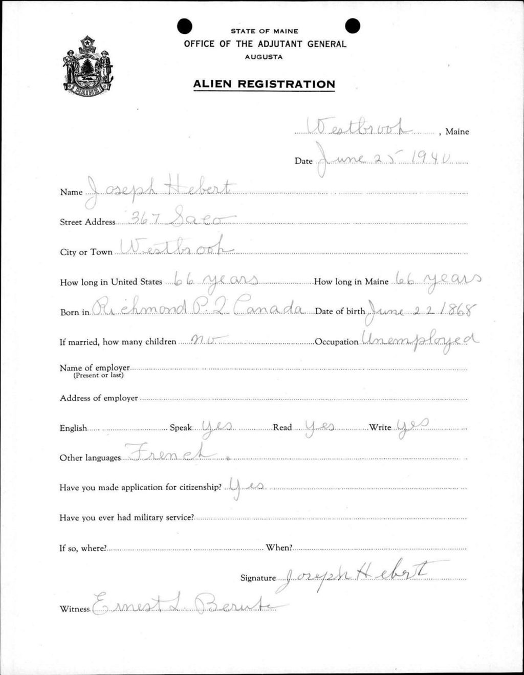 Miniature of Alien Registration- Hebert, Joseph (Westbrook, Cumberland County)