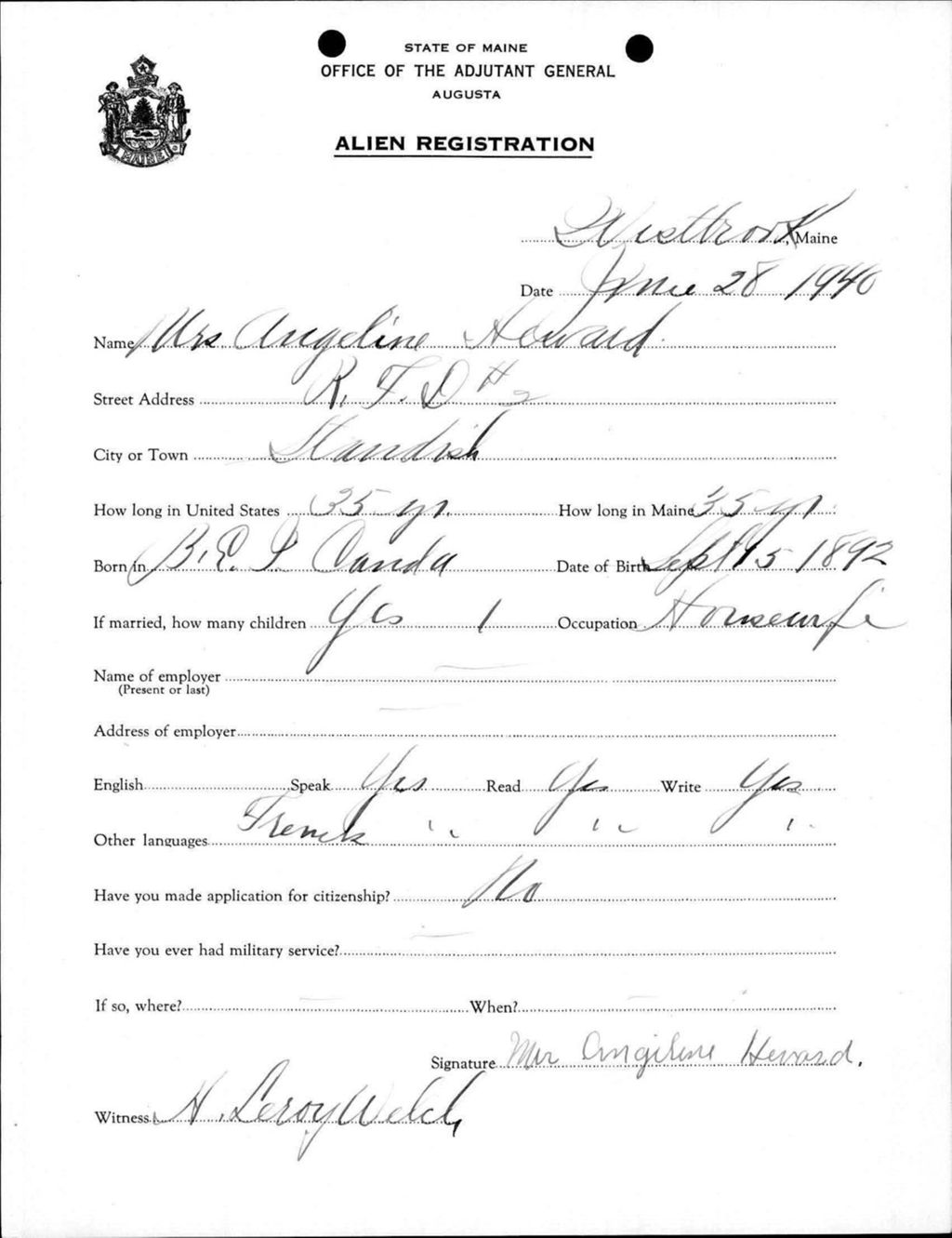 Miniature of Alien Registration- Heward, Angeline (Westbrook, Cumberland County)