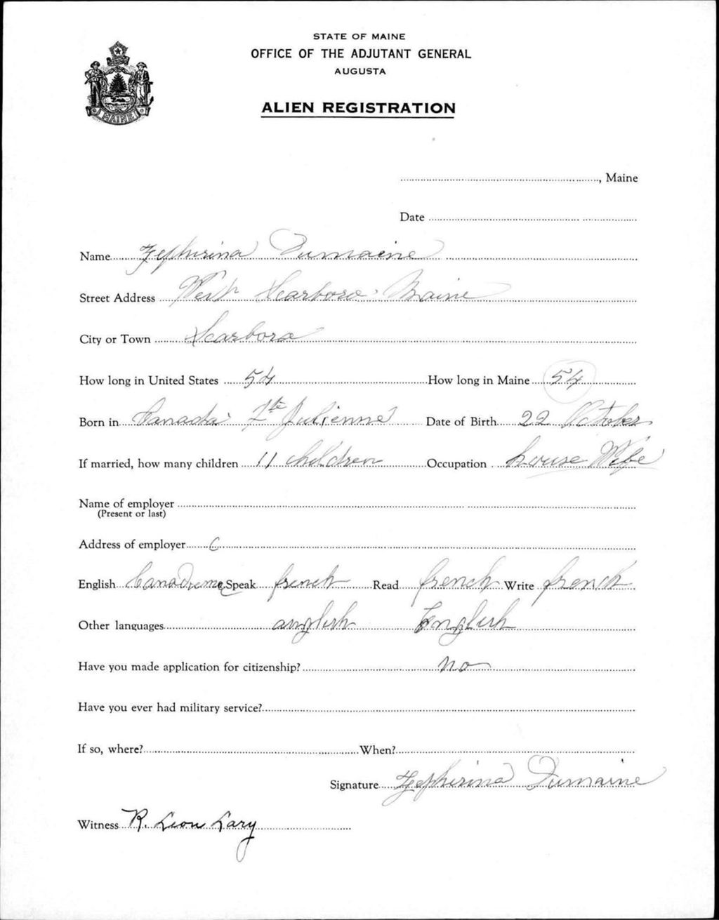 Miniature of Alien Registration- Dumaine, Zephirina (Scarborough, Cumberland County)