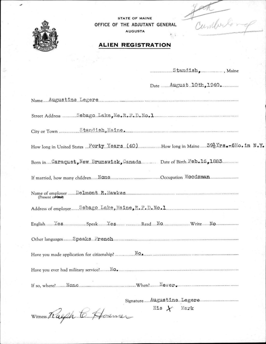 Miniature of Alien Registration- Legere, Augustine (Standish, Cumberland County)