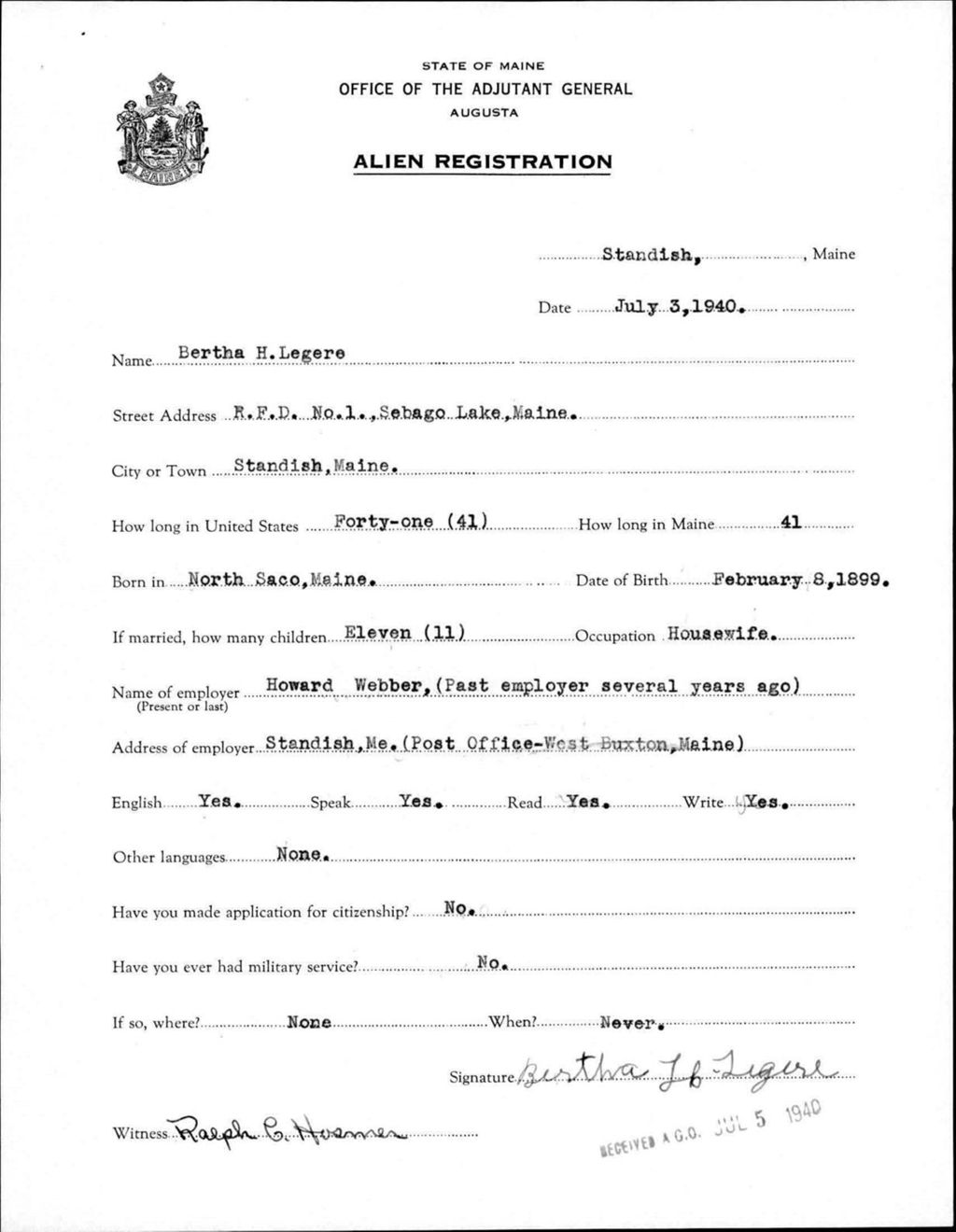 Miniature of Alien Registration- Legere, Bertha H. (Standish, Cumberland County)