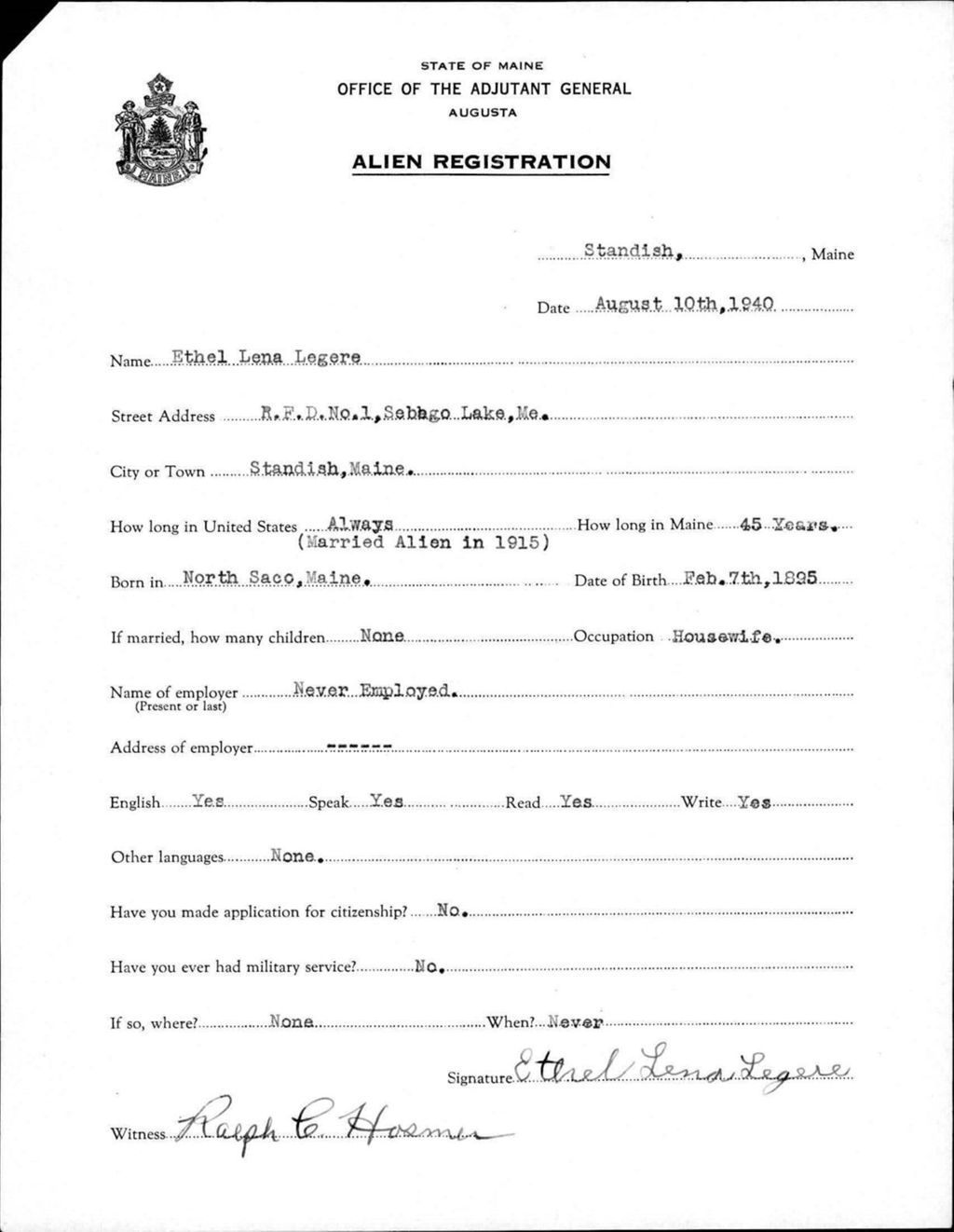 Miniature of Alien Registration- Legere, Ethel L. (Standish, Cumberland County)
