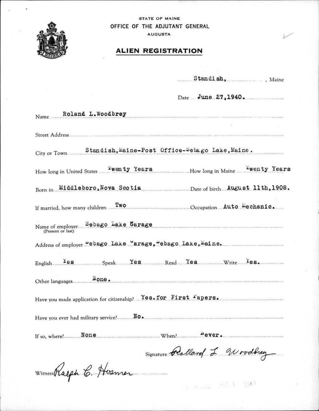Miniature of Alien Registration- Woodbrey, Roland L. (Standish, Cumberland County)