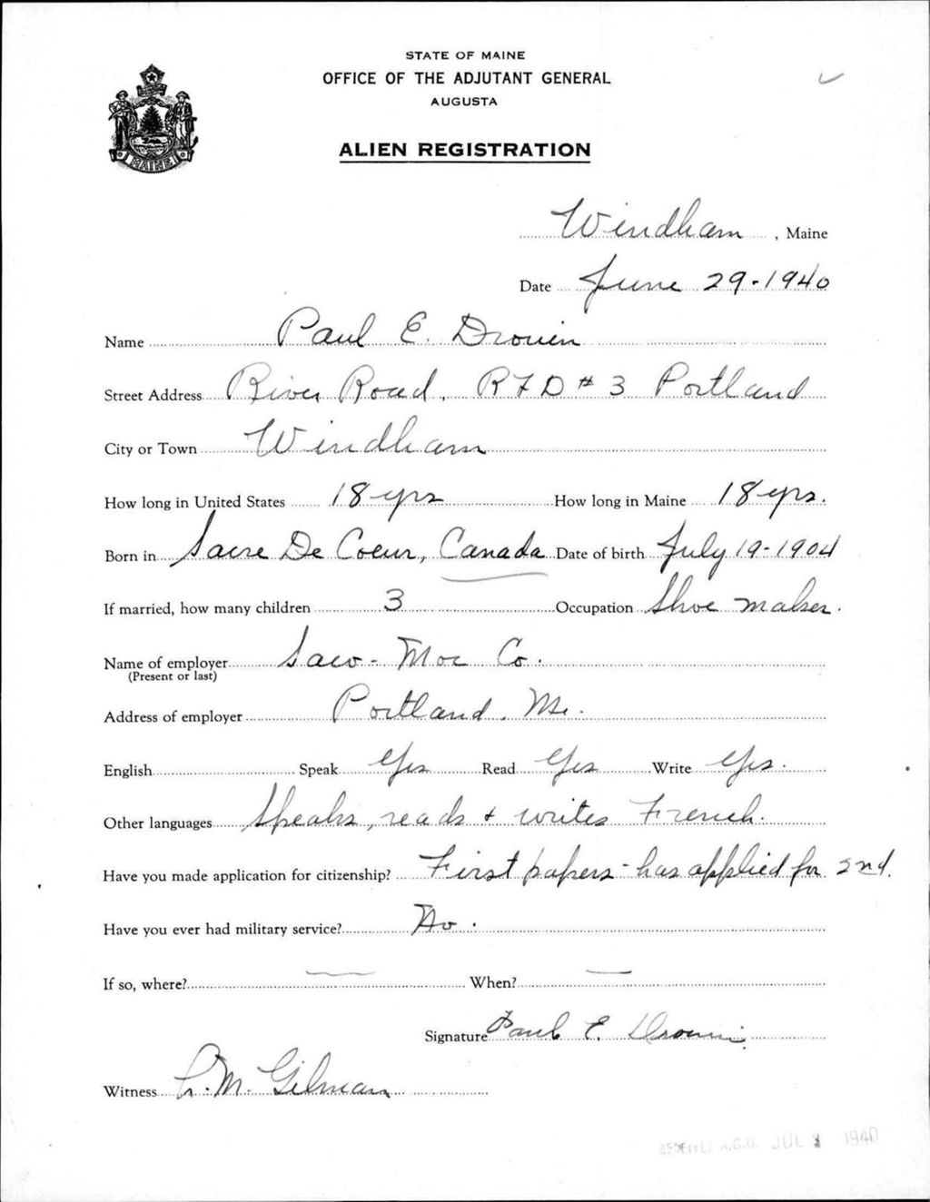 Miniature of Alien Registration- Drouin, Paul E. (Windham, Cumberland County)