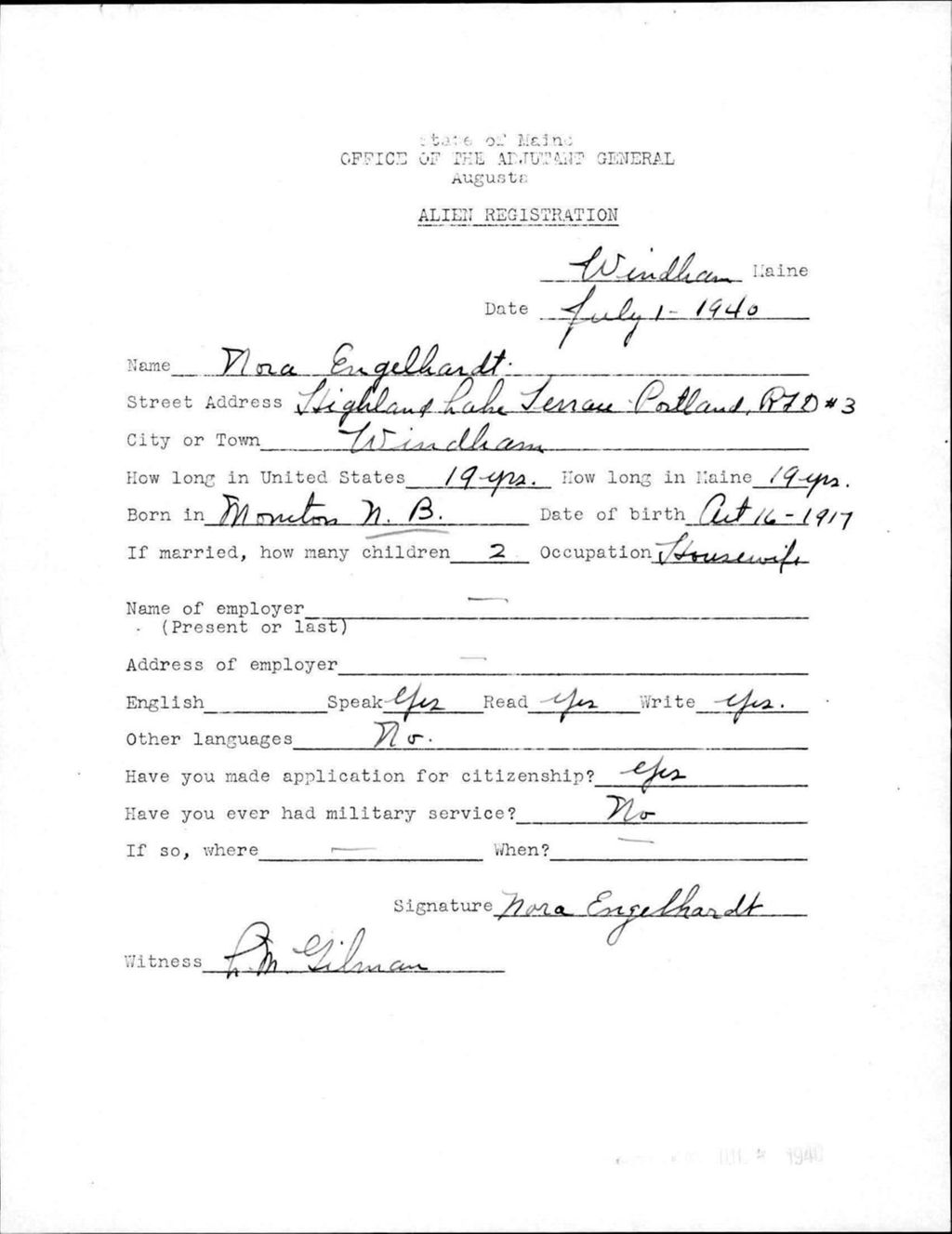 Miniature of Alien Registration- Engelhardt, Nora (Windham, Cumberland County)