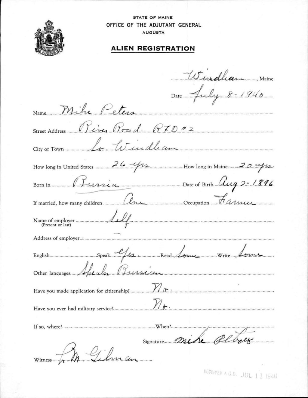 Miniature of Alien Registration- Peters, Mike (Windham, Cumberland County)