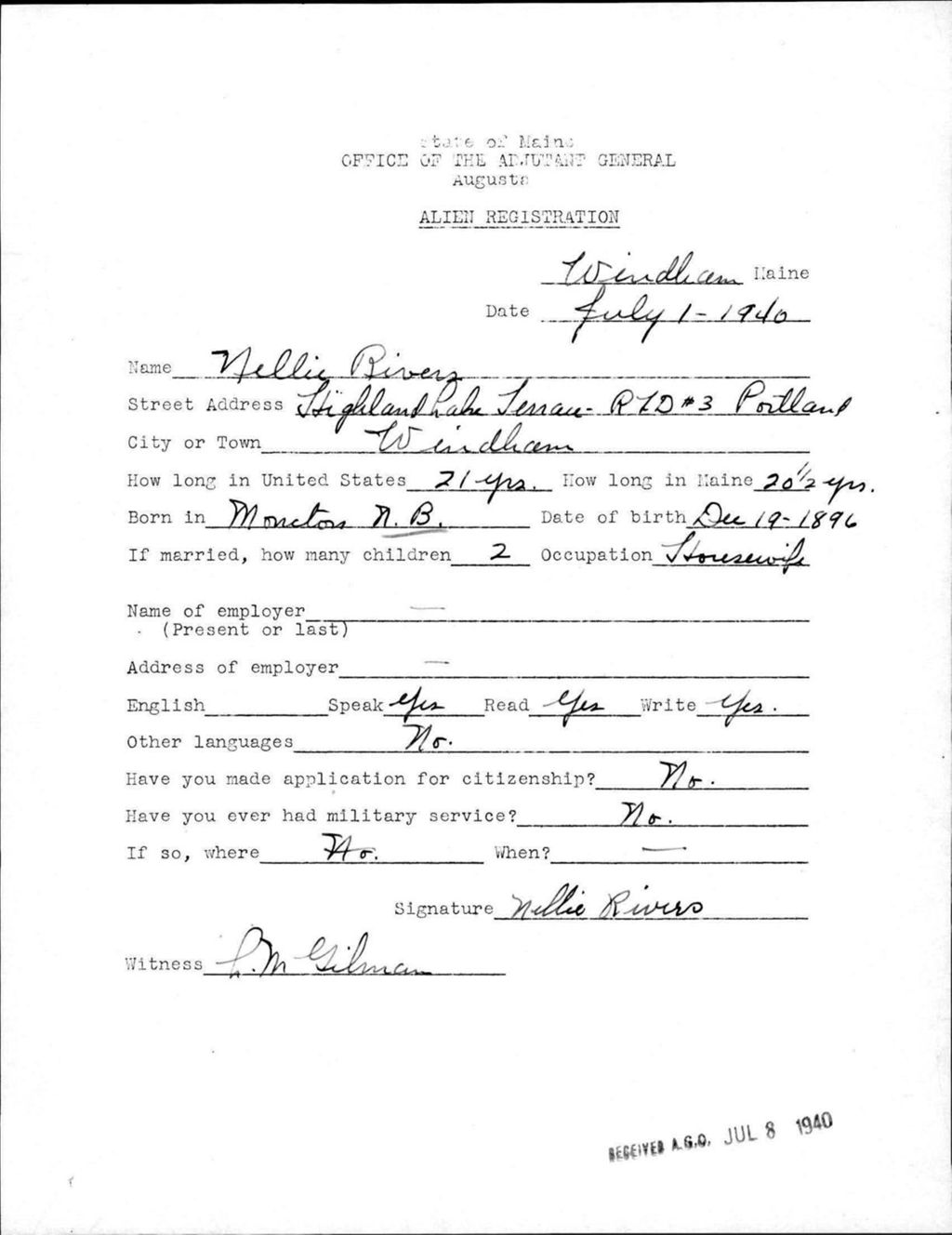 Miniature of Alien Registration- Rivers, Nellie (Windham, Cumberland County)