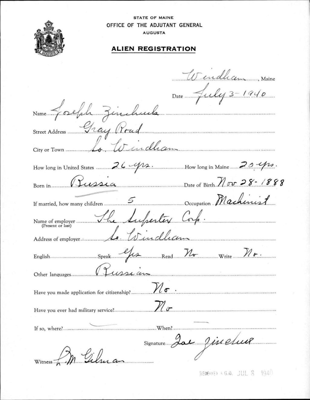 Miniature of Alien Registration- Zinchuck, Joseph (Windham, Cumberland County)