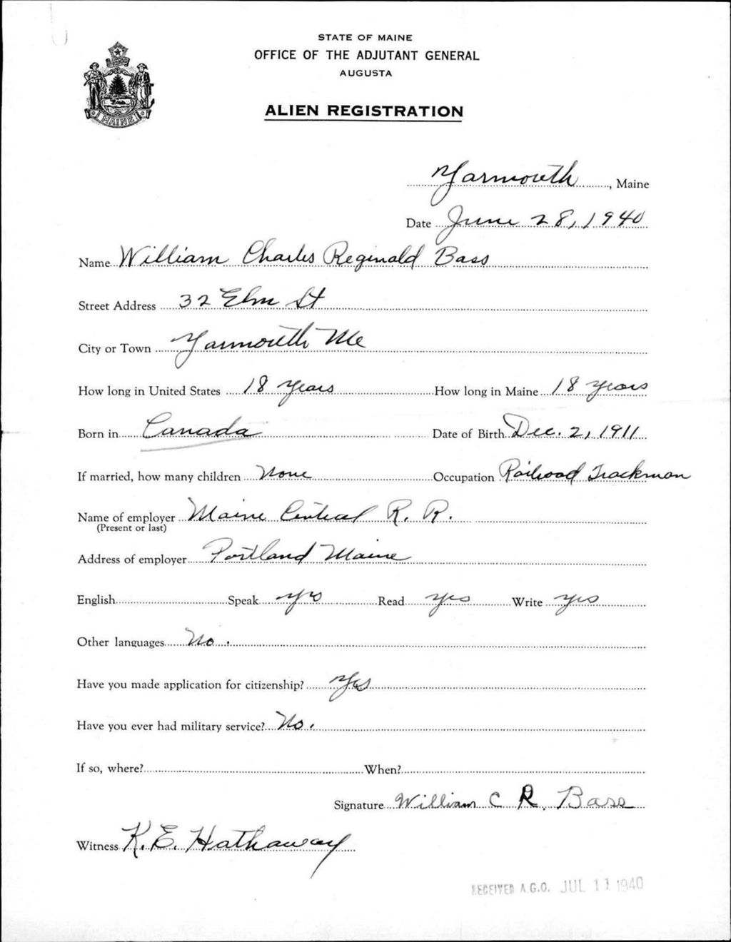 Miniature of Alien Registration- Bass, William Charles R. (Yarmouth, Cumberland County)
