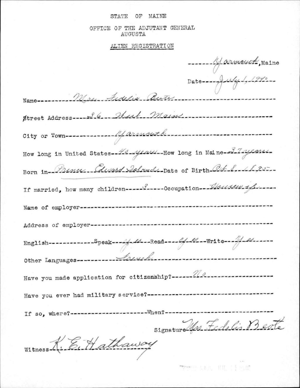 Miniature of Alien Registration- Beote, Fedelis (Yarmouth, Cumberland County)