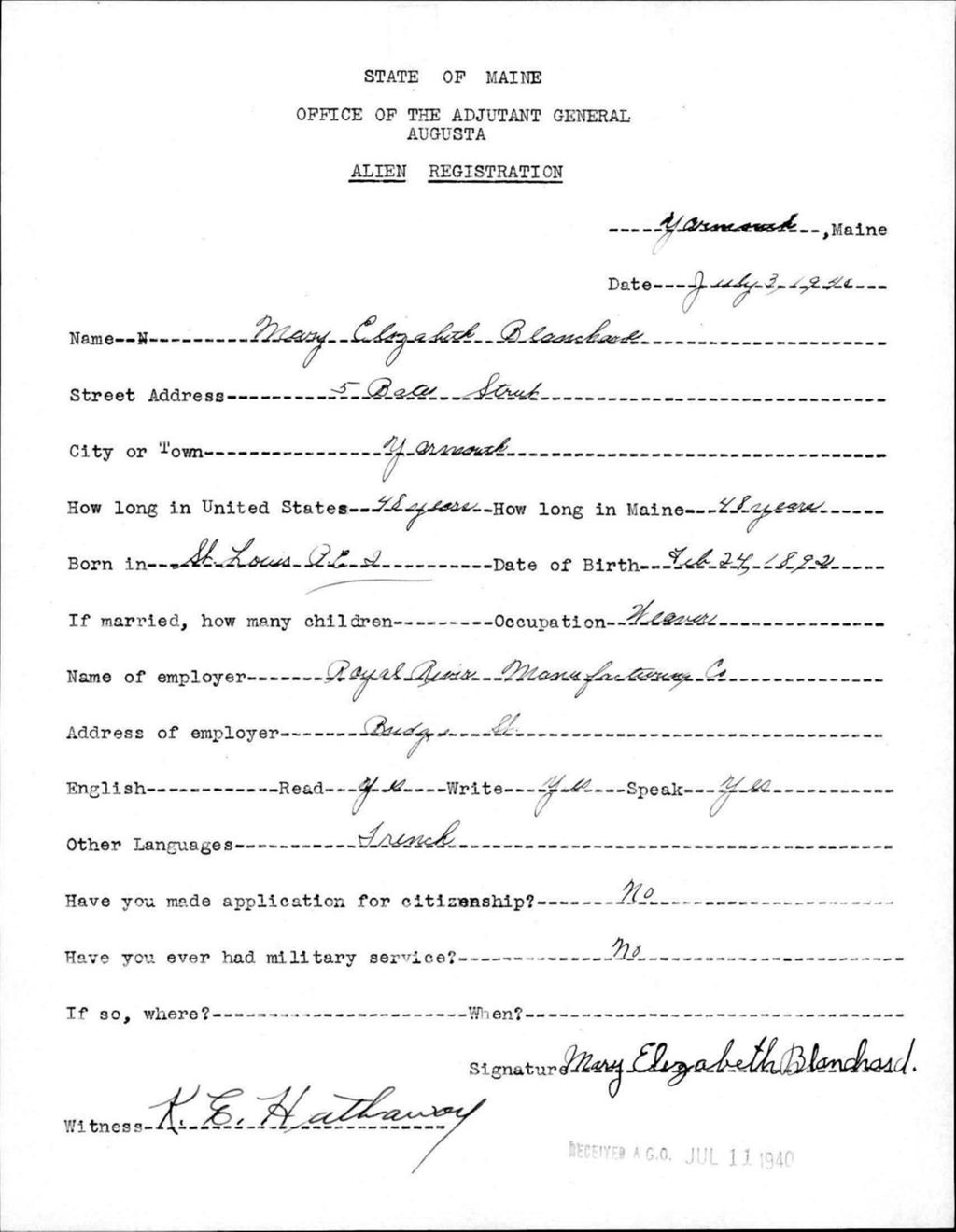 Miniature of Alien Registration- Blanchard, Mary E. (Yarmouth, Cumberland County)