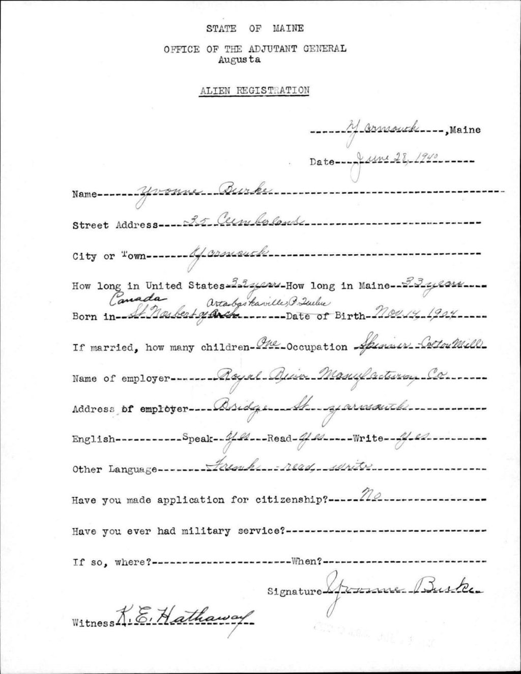 Miniature of Alien Registration- Burke, Yvonne (Yarmouth, Cumberland County)