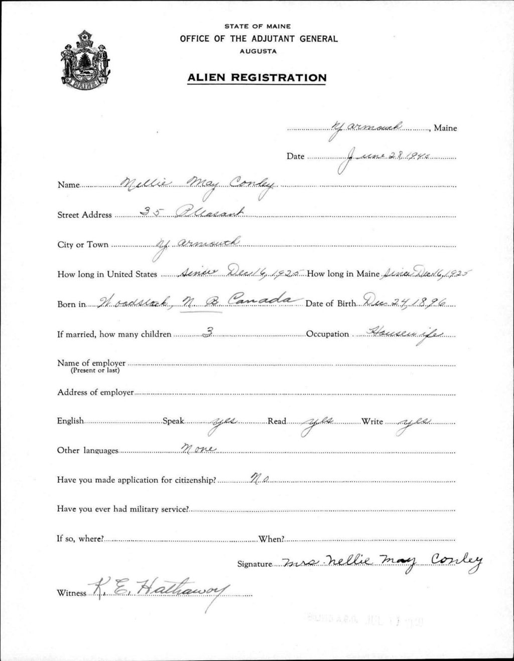 Miniature of Alien Registration- Conley, Nellie M. (Yarmouth, Cumberland County)
