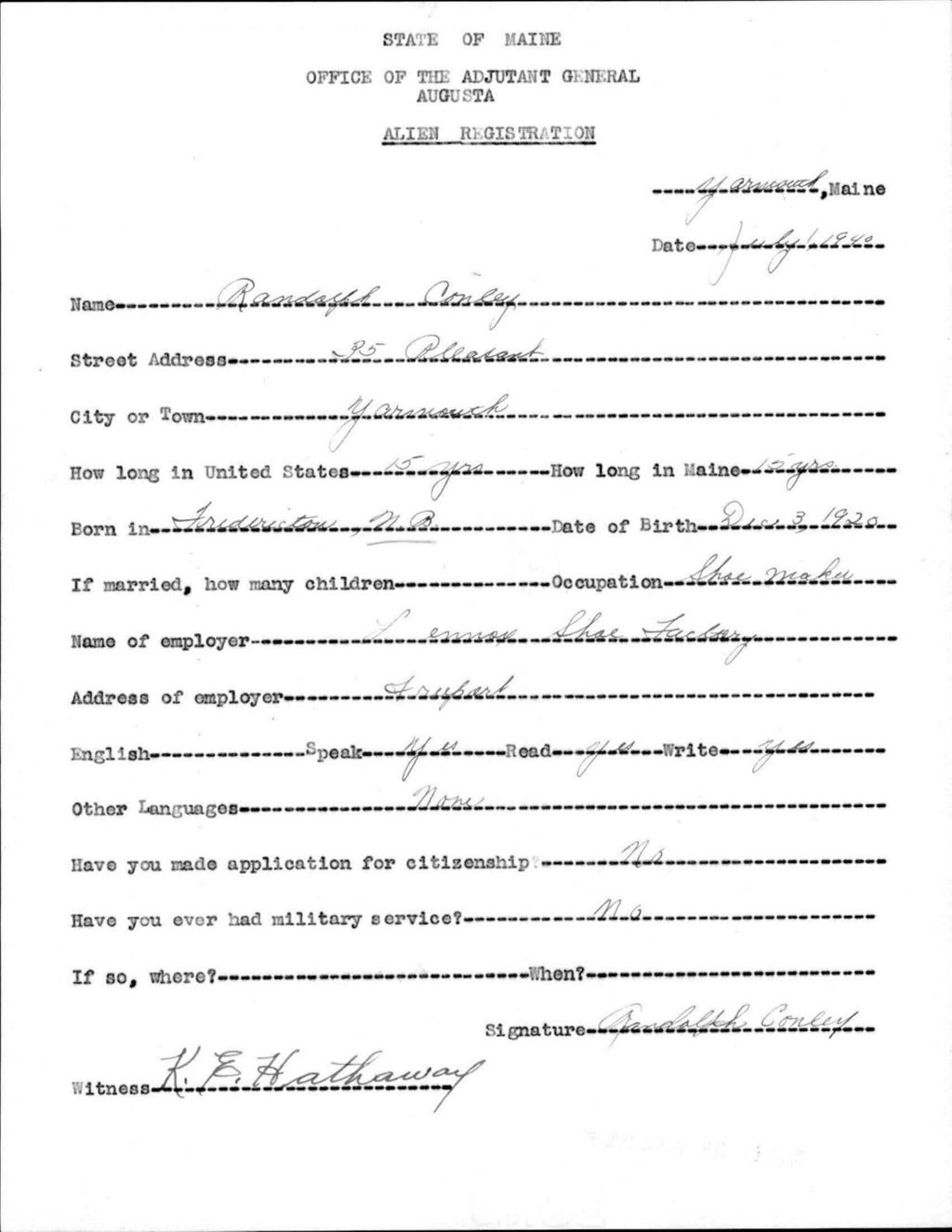 Miniature of Alien Registration- Conley, Randolph (Yarmouth, Cumberland County)