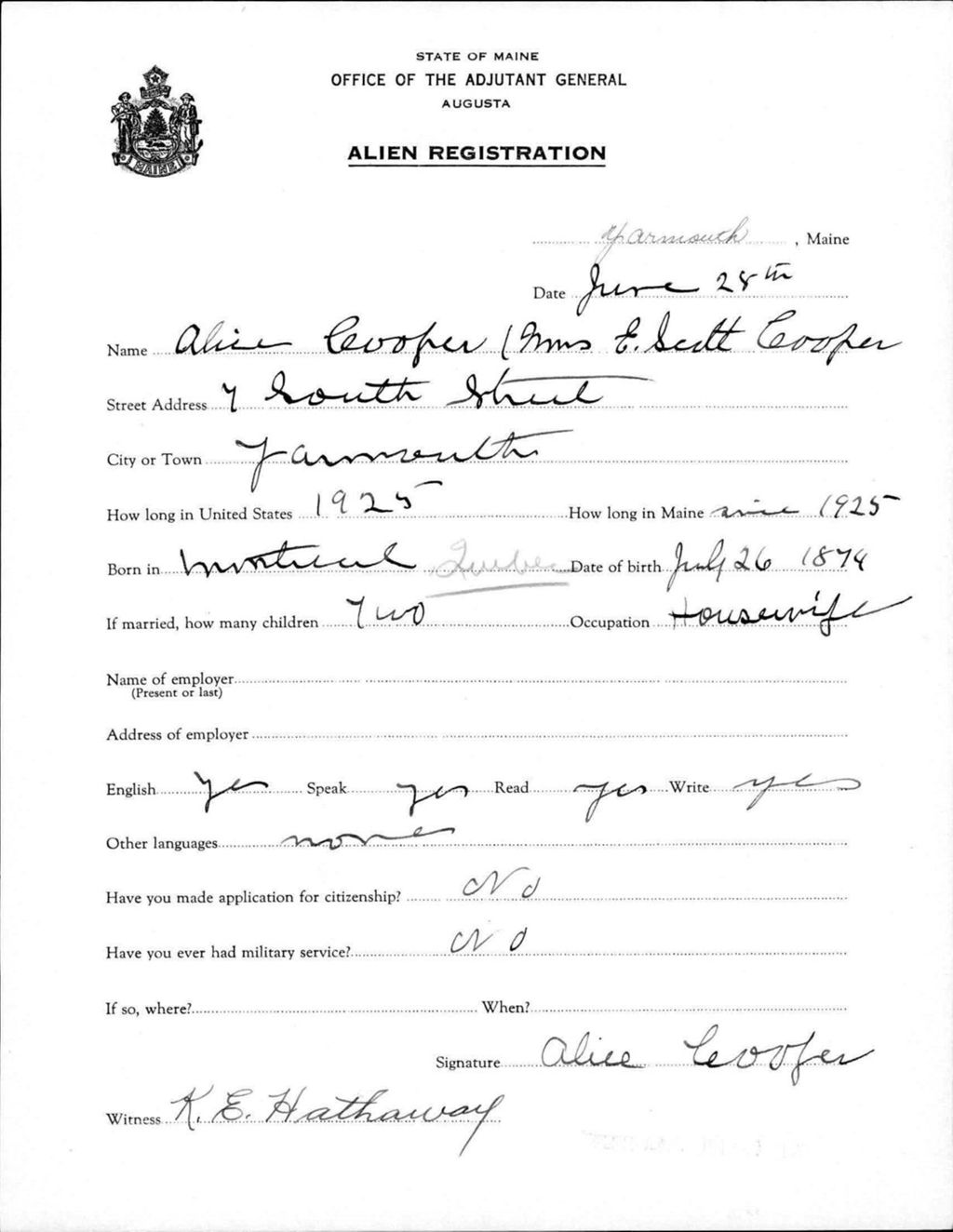 Miniature of Alien Registration- Cooper, Alice (Yarmouth, Cumberland County)
