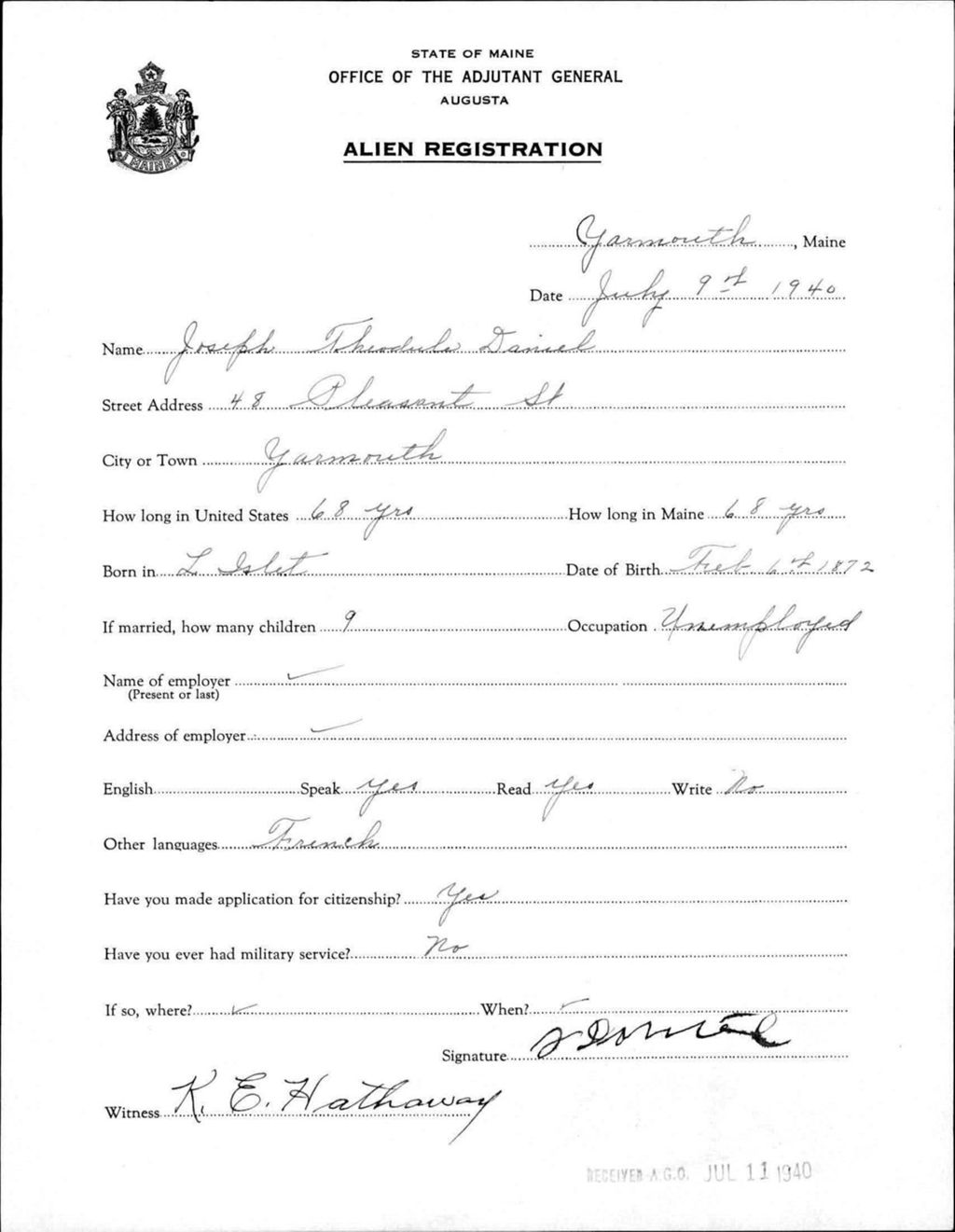 Miniature of Alien Registration- Daniel, Joseph T. (Yarmouth, Cumberland County)
