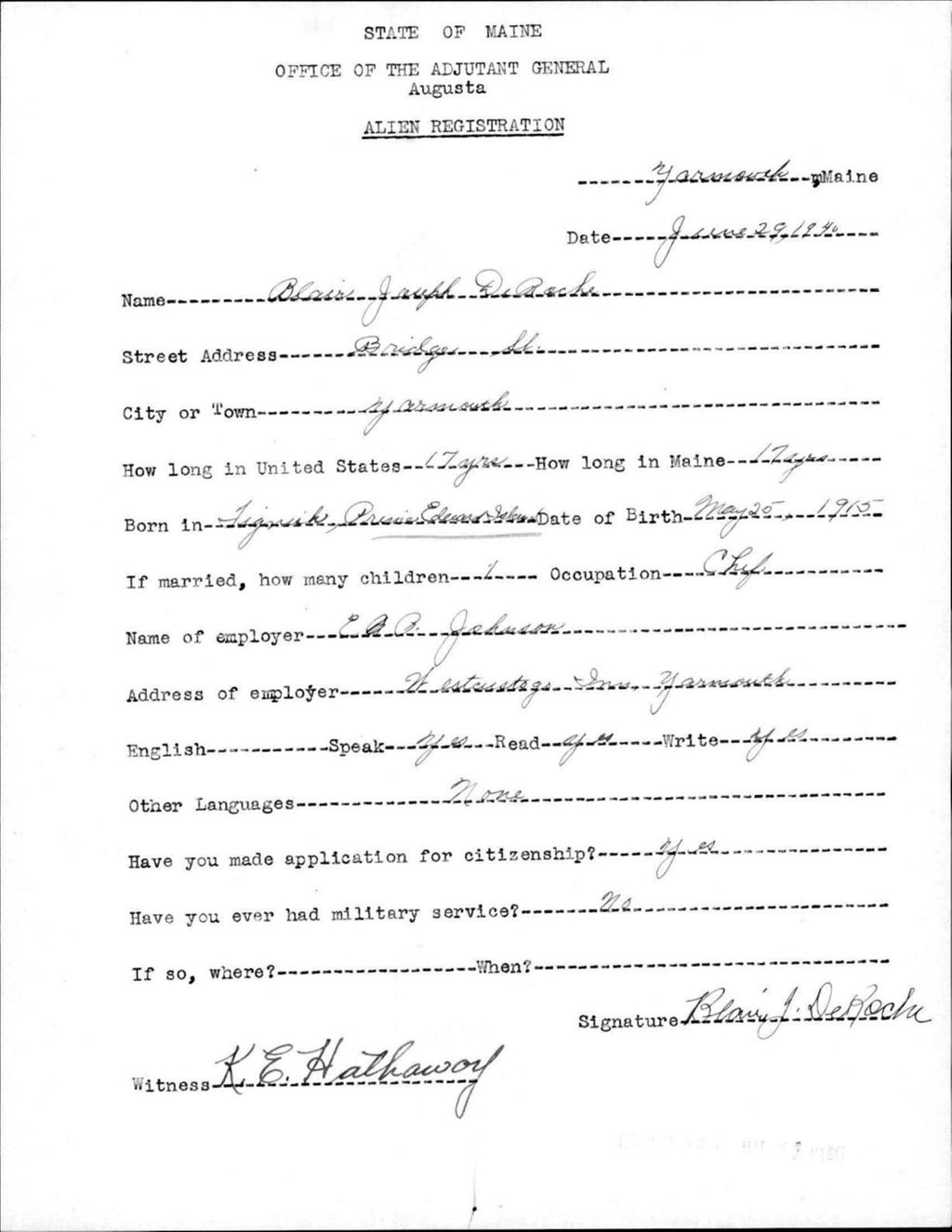 Miniature of Alien Registration- Deroche, Blair J. (Yarmouth, Cumberland County)