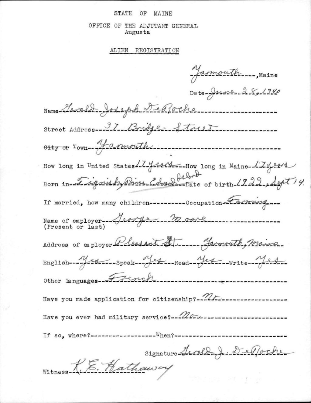 Miniature of Alien Registration- Deroche, Gerald J. (Yarmouth, Cumberland County)