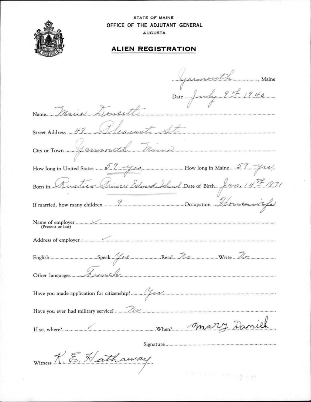 Miniature of Alien Registration- Doucett, Marie (Yarmouth, Cumberland County)