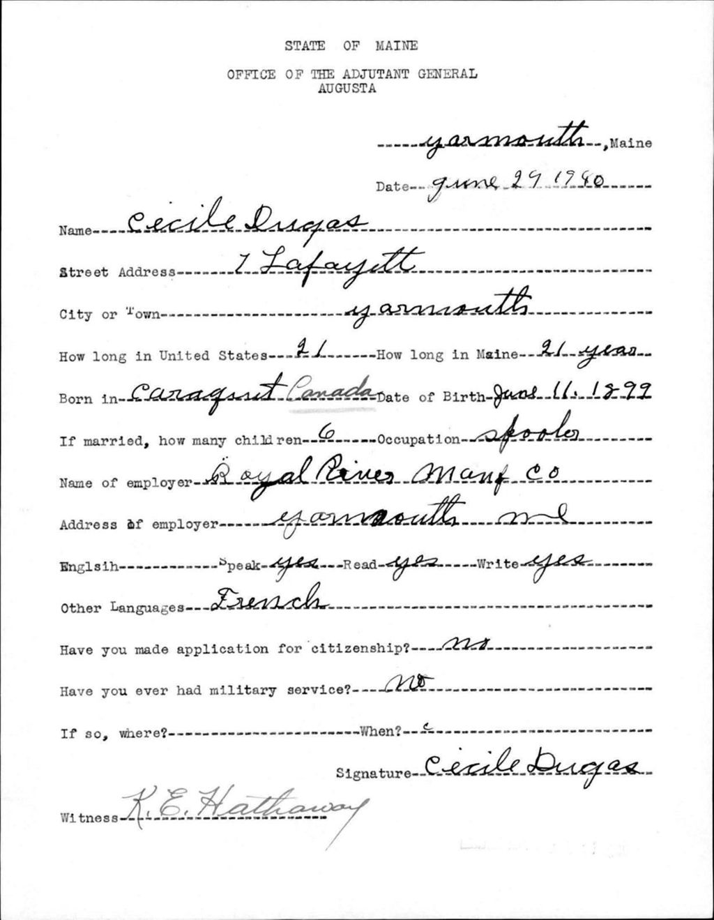 Miniature of Alien Registration- Dugas, Cecile (Yarmouth, Cumberland County)