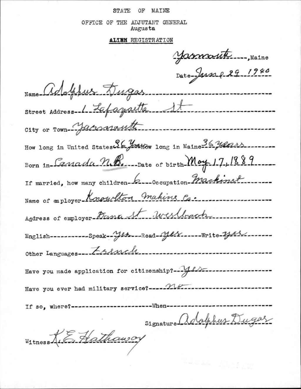 Miniature of Alien Registration- Dugas, Adolphus (Yarmouth, Cumberland County)