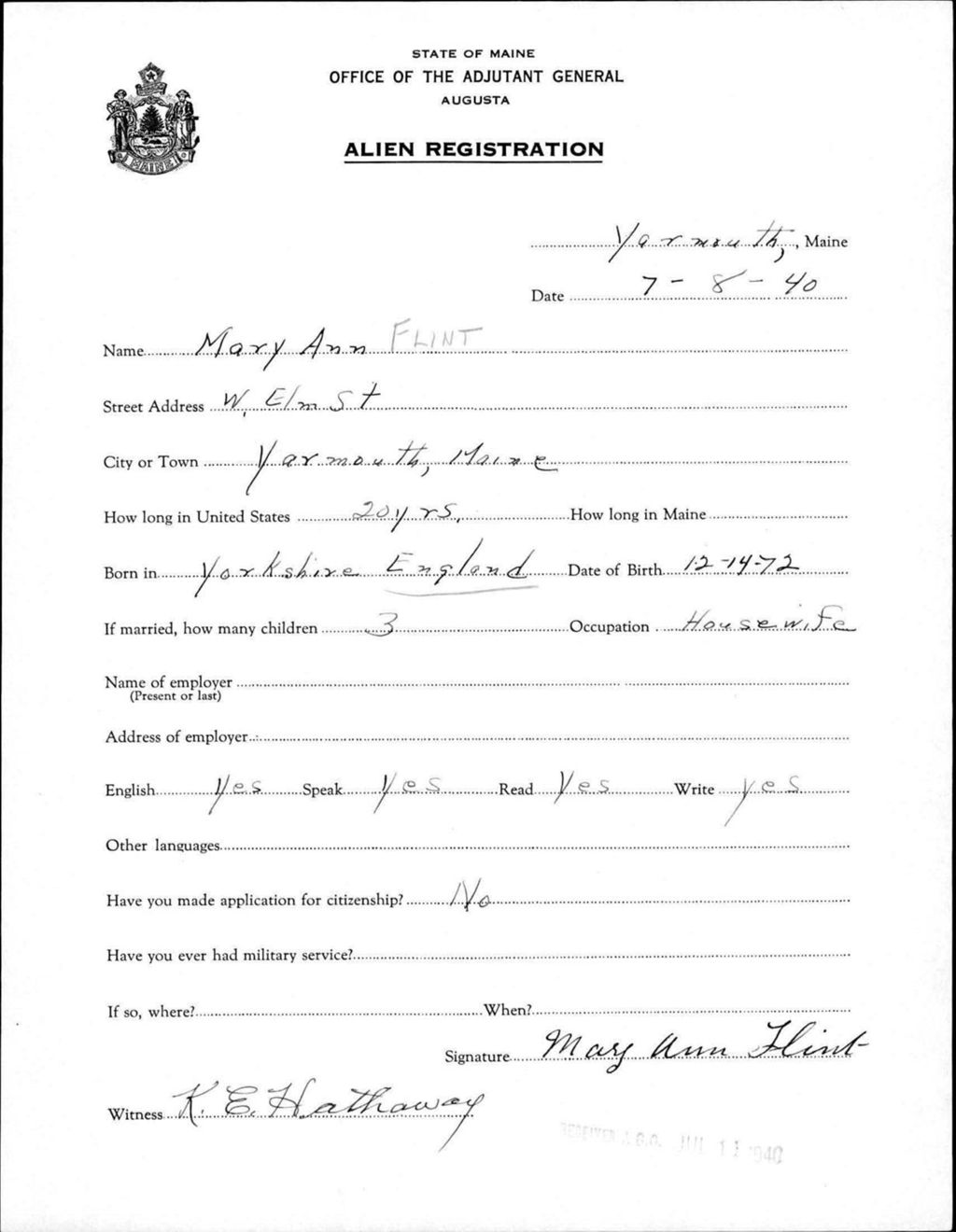 Miniature of Alien Registration- Flint, Mary Ann (Yarmouth, Cumberland County)