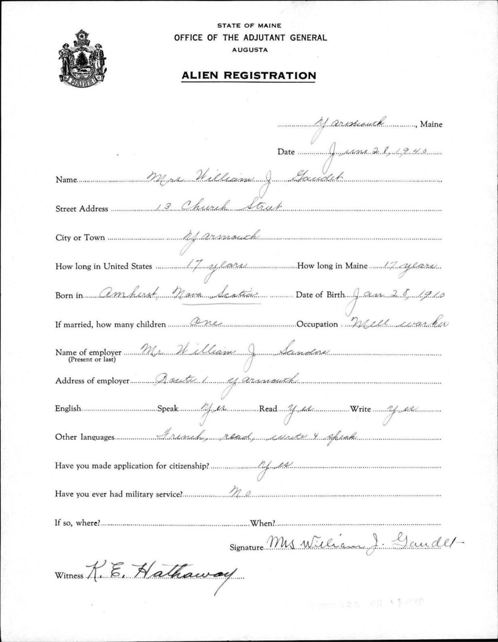 Miniature of Alien Registration- Gaudet, William J. (Yarmouth, Cumberland County)