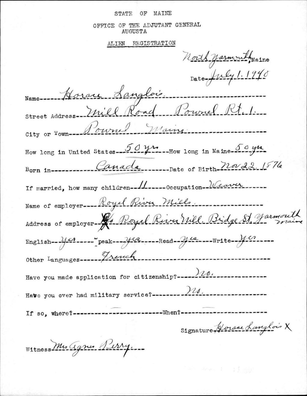 Miniature of Alien Registration- Langlois, Horace (Yarmouth, Cumberland County)